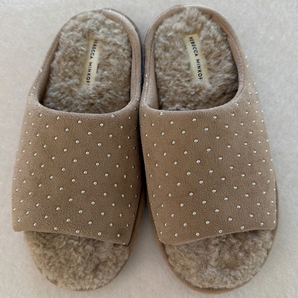 Rebecca Minkoff‎ Womens Studded Faux Fur Slide Slippers Tan Taupe Size 7-8